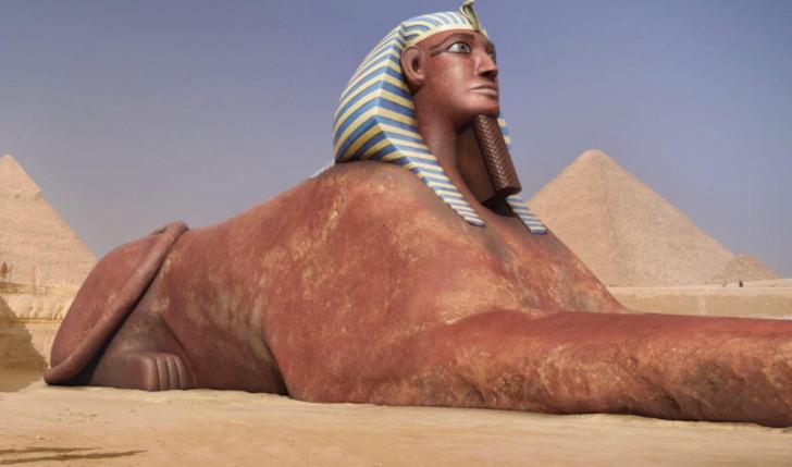 Image du Sphinx, avec en toile de fond les pyramides